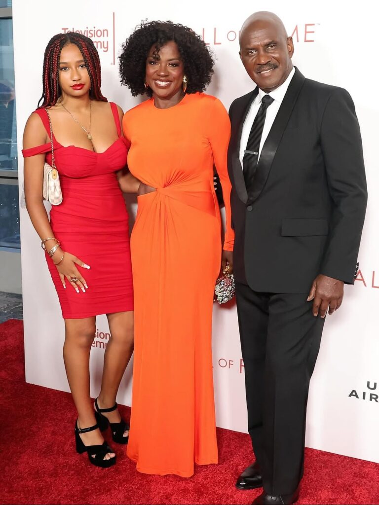 viola davis shines in orange ralph lauren cut out gown with husband julius tennon and daughter genesis at television academy’s hall of fame induction