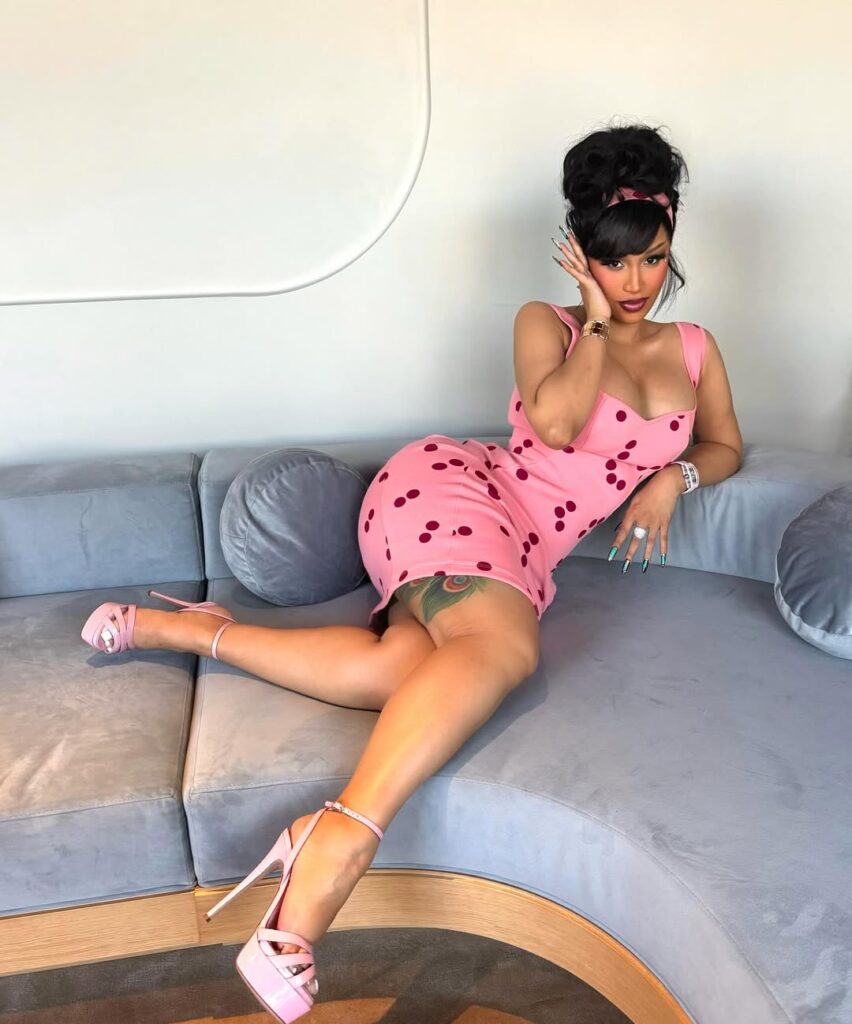 cardi b raps in pink and red polka dot alaïa dress and le silla platforms for “imaginary playerz”