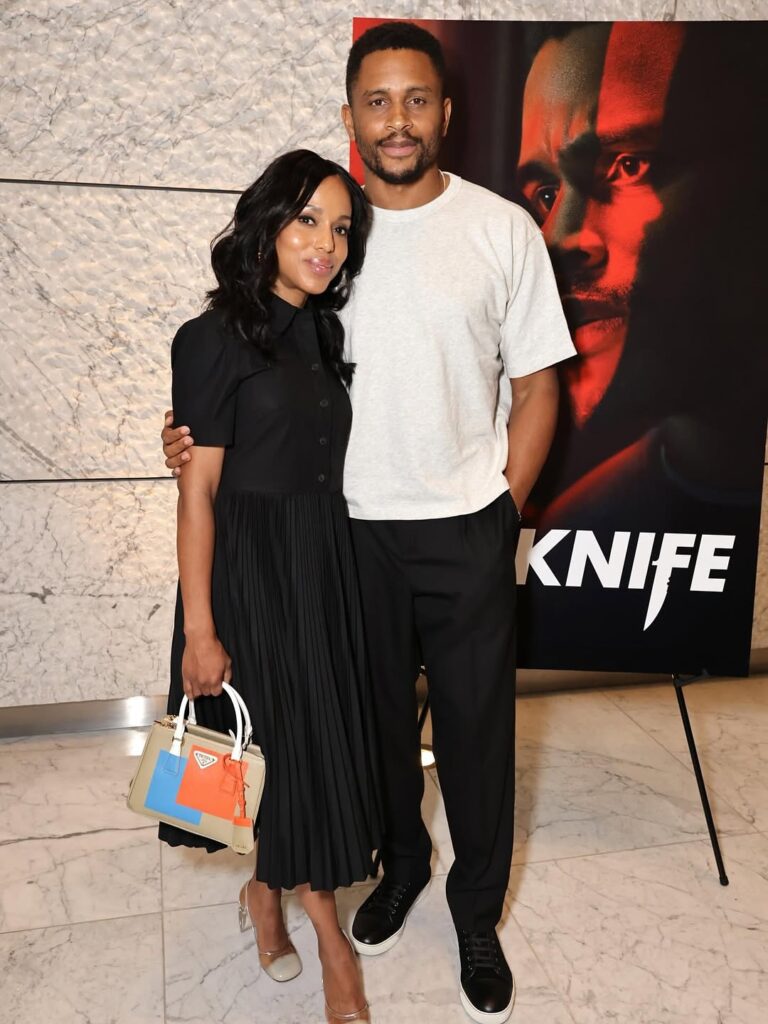 kerry washington wears black tory burch dress with desert beige and orange prada galleria bag at the knife screening
