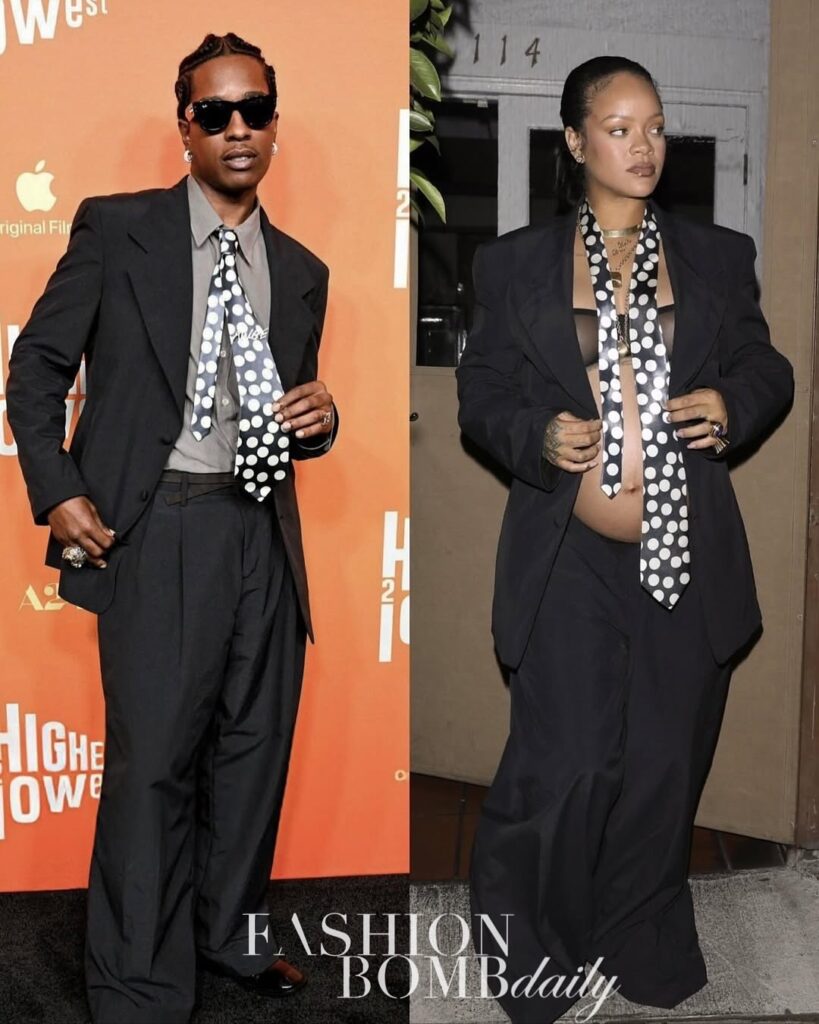 who wore it better? a$ap rocky and rihanna both spotted in black erl suits with a black and white polka dot tie polka