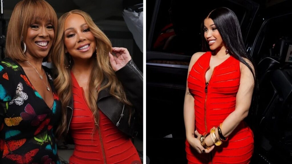celebs love: mariah carey and cardi b both spotted in red $2,900 balmain knitted maxi dress