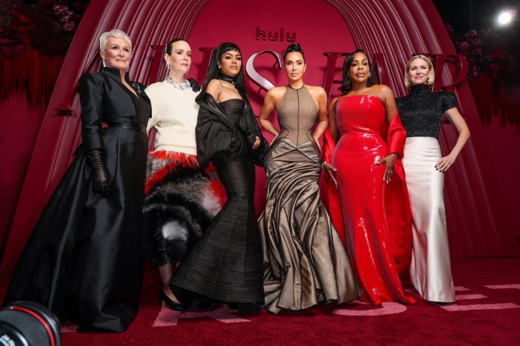 on the scene at hulu’s all’s fair premiere: kim kardashian in bronze schiaparelli, teyana taylor in black cong tri, niecy nash in red sequined sergio hudson, and more !