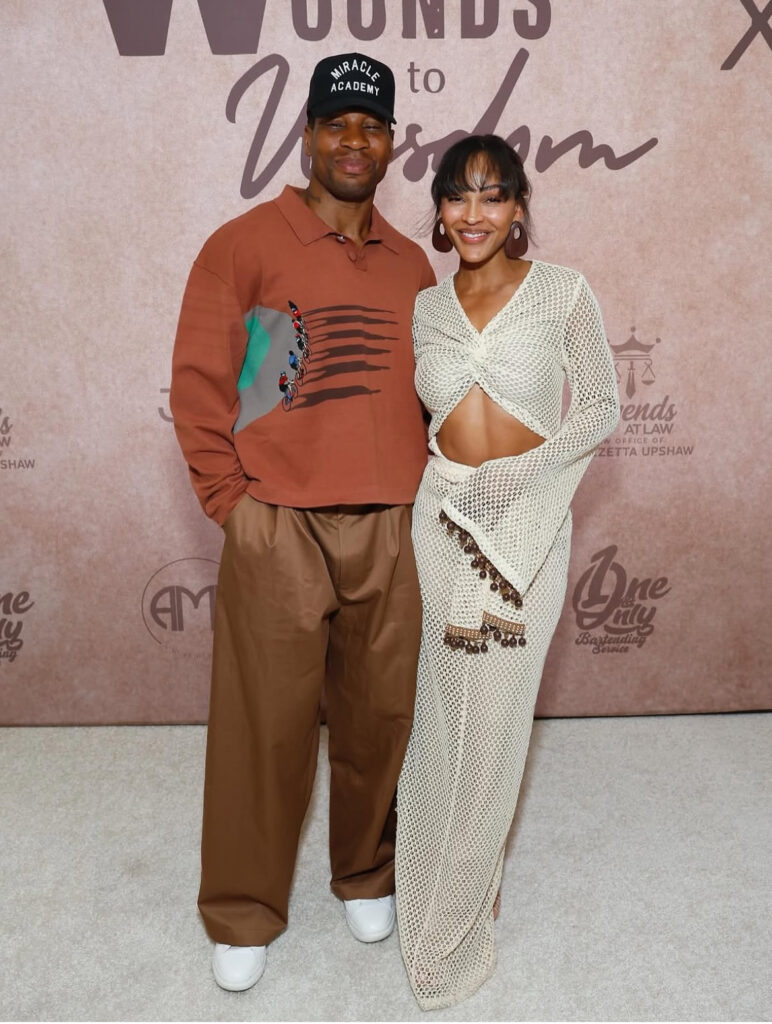 meagan good wore a a cream andrea iyamah dress to a “wounds to wisdom” dinner alongside hubby jonathan majors
