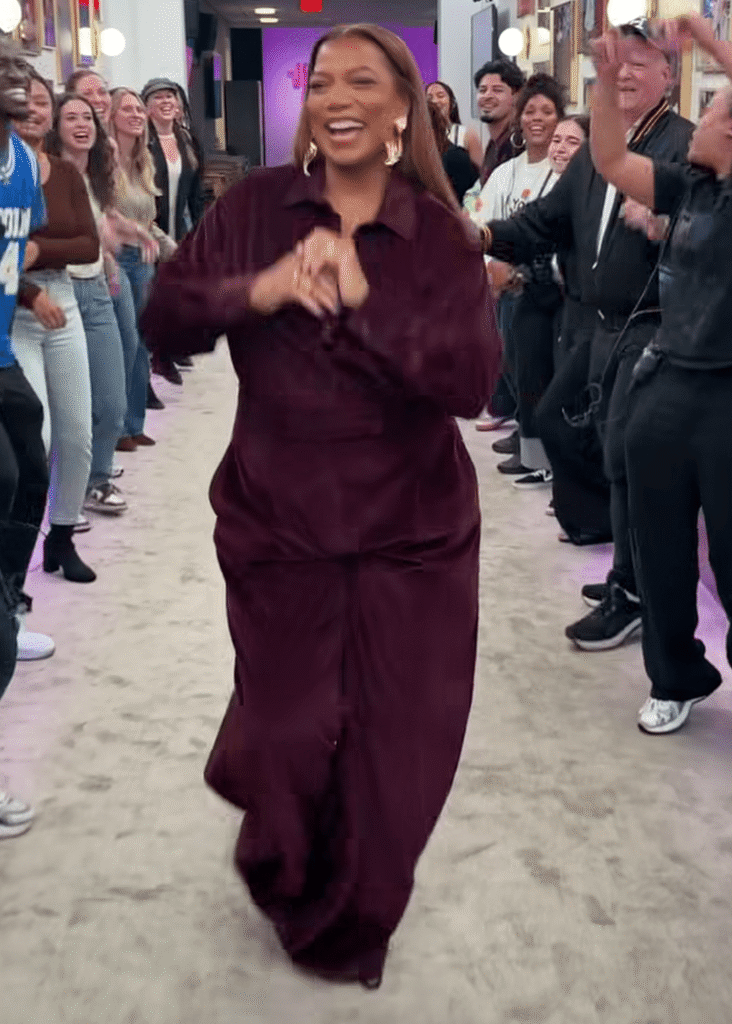 most requested: queen latifah wears a burgundy velvet jumpsuit by max mara on the jennifer hudson show