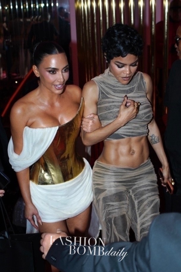 teyana taylor wears a sheer two piece look from dipetsa fall 2025 with schiaparelli clutch and loewe shades for kim kardashian’s birthday in paris