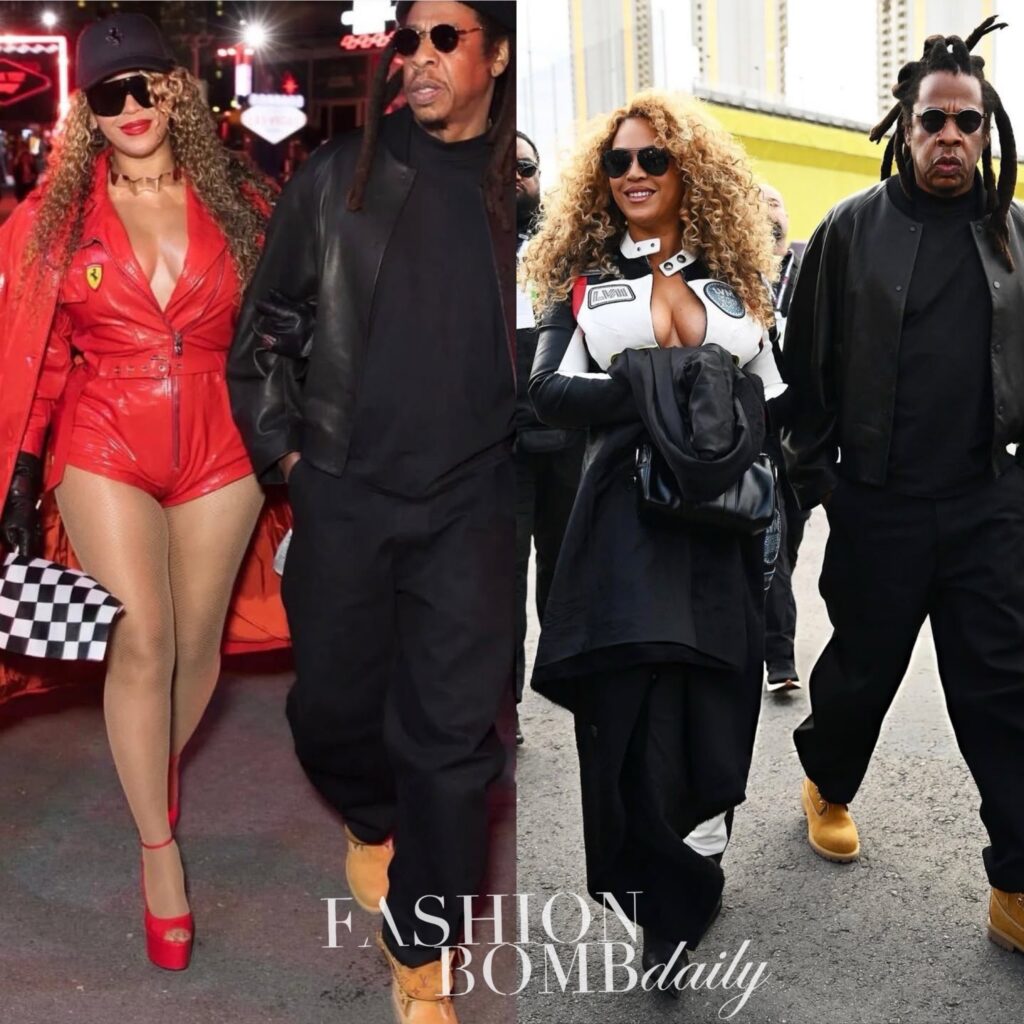 beyonce and jay z attend formula 1 las vegas grand prix in ferrari red leather and racing inspired louis vuitton