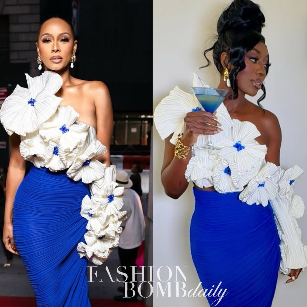 celebs love: keri hilson and wendy osefo both spied in a white and cobalt blue atelier indigo floral dress