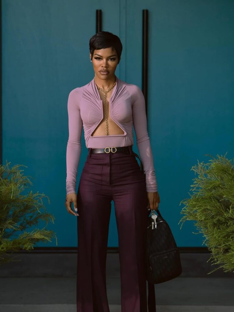 hulu’s all’s fair fashion : teyana taylor in a blush rick owens cut out top and plum victoria beckham trousers