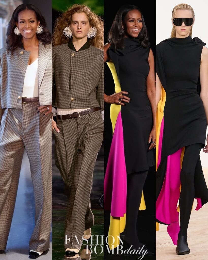 michelle obama wears loewe multicolor dress, chanel runway, vintage zac posen, and more for her the look book tour