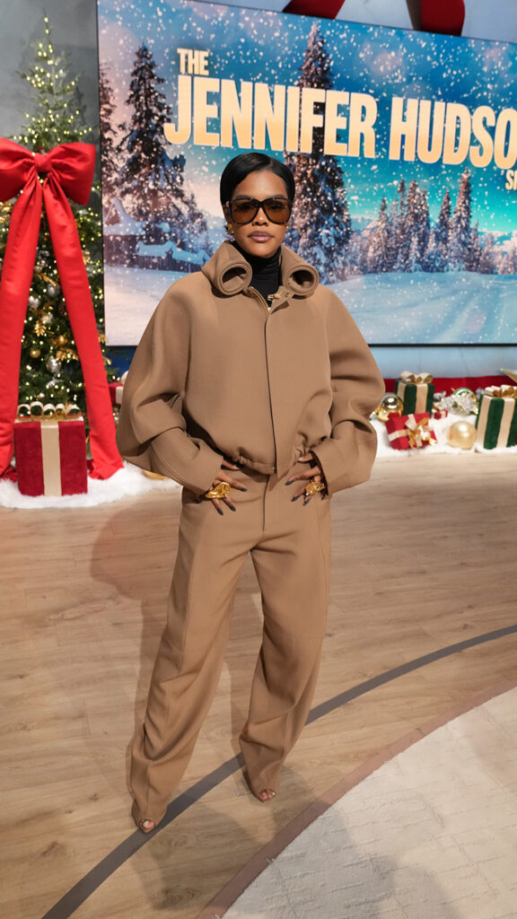 teyana taylor brings modern elegance to the jennifer hudson show in a camel victoria beckham fall 2025 rolled neck suit