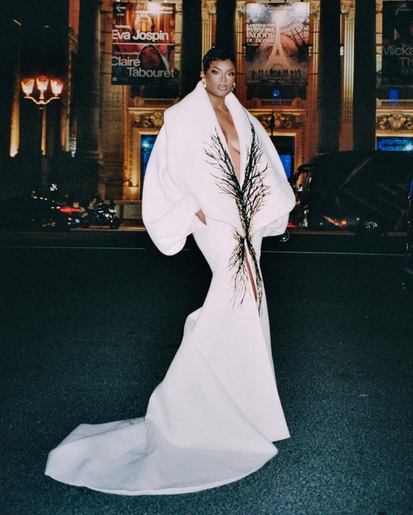 didi stone wears ivory sculptural stephane rolland haute couture gown to time france event