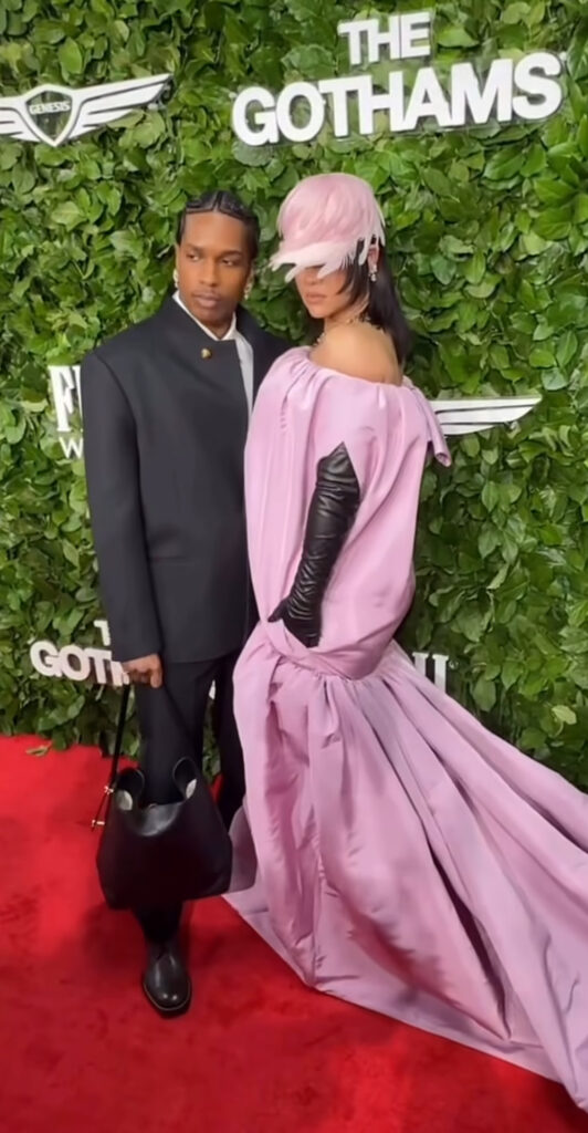 fashion bomb couple: a$ap rocky & rihanna step out to the gotham awards in a black chanel suit and a pink off the shoulder balenciaga gown