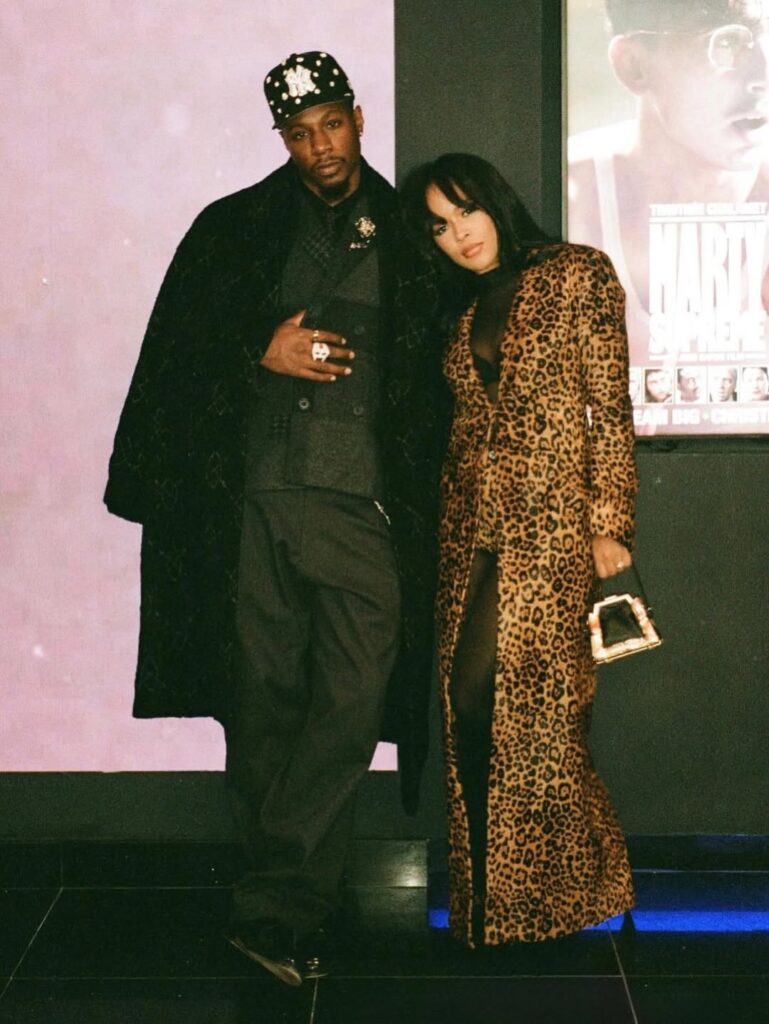 fashion bomb couple: joey bada$$ and serayah attend the marty supreme premiere in a black kith suit and a leopard lapointe look
