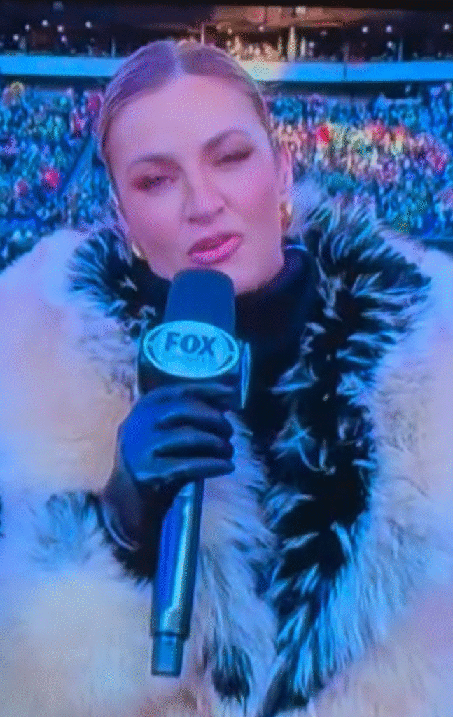 erin andrews wore a $950 auter the fox faux fur jacket while commentating game day