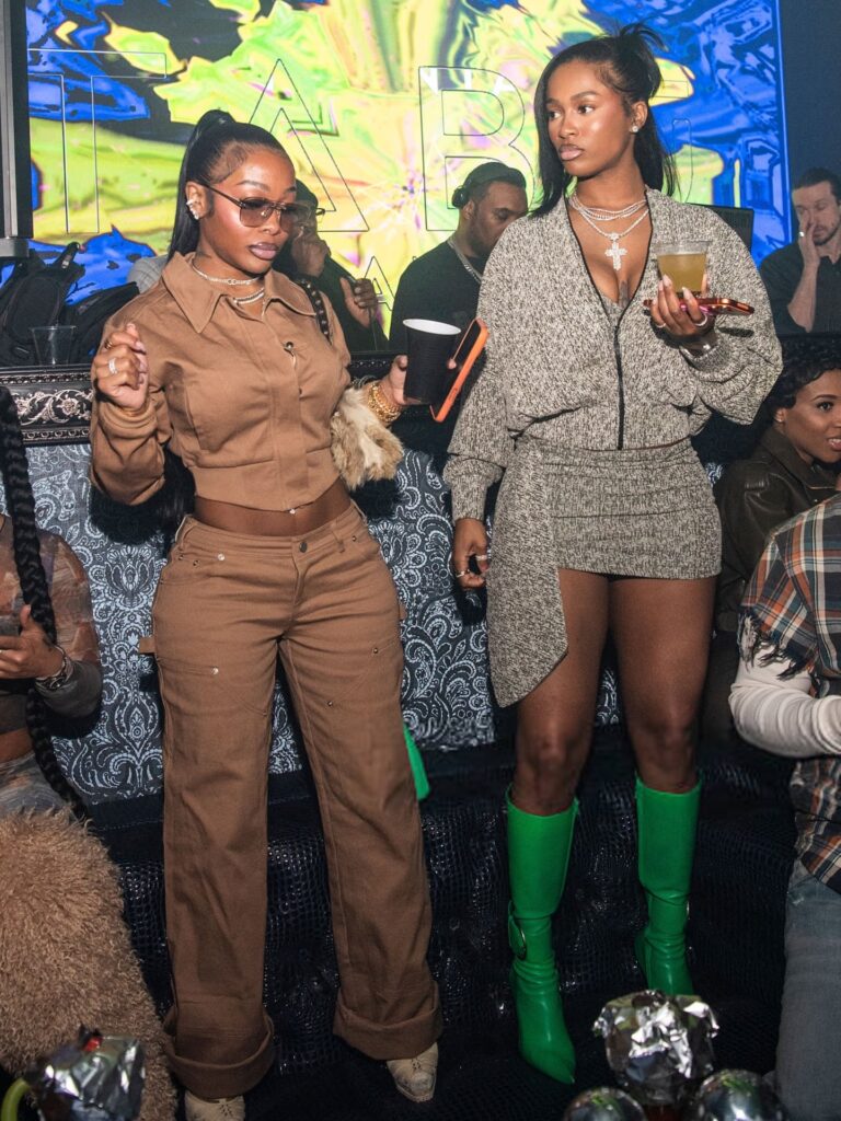 jayda cheaves in brown cm studios and dess dior in neutral tweed coucoo skirt set and green balenciaga boots at tabu saturdays