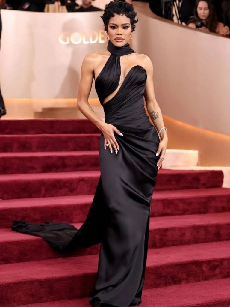 teyana taylor stuns at the 2026 golden globes in a black schiaparelli haute couture gown