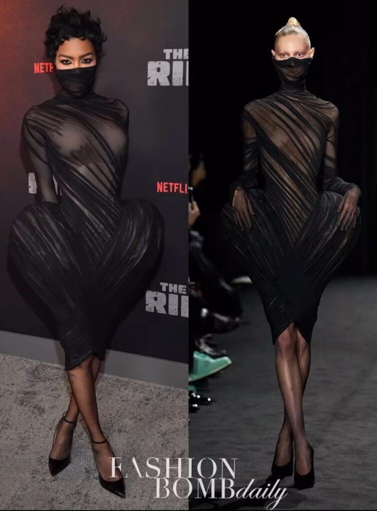 teyana taylor makes a statement in a black ashi studio haute couture look with exaggerated hips at netflix’s ‘the rip’ premiere of rip