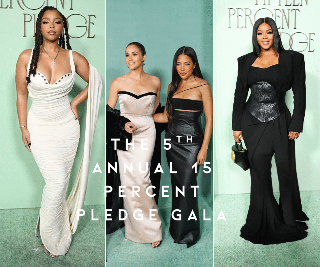 on the scene at the 15 percent pledge gala: tina knowles and meghan markle in harbison, claire sulmers in ant lamourr, and more!