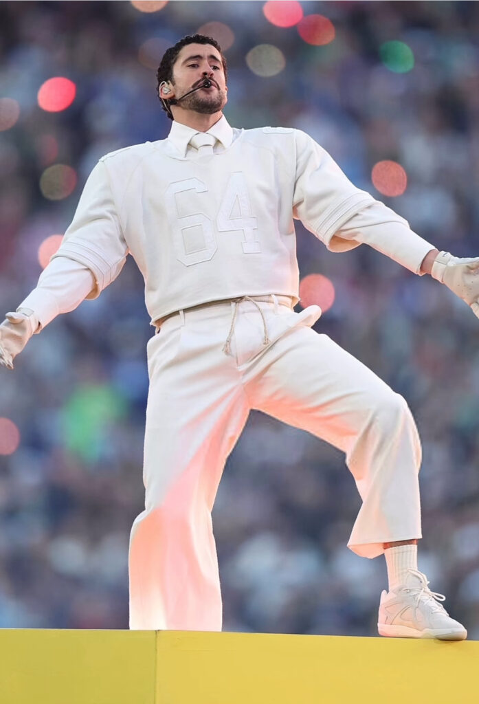 bad bunny performed at the super bowl lx halftime show in a custom cream zara look, white adidas badbo 1.0 sneakers and a audemars piguet watch