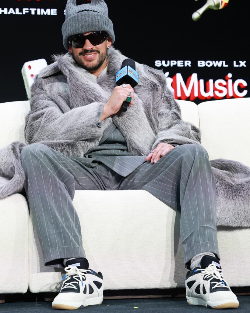 bad bunny wore a grey bottega veneta spring/summer 2026 look to the apple music super bowl lix halftime show press conference